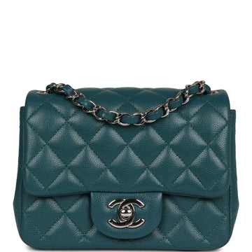 Chanel Mini Square Flap Bag Dark Green Caviar Silver Hardware