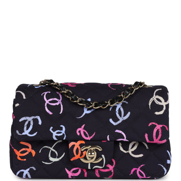 Chanel Mini Rectangular Flap Bag Navy Multicolored Printed Fabric Gold Hardware