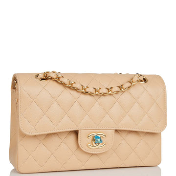 Chanel Small Classic Double Flap Bag Beige Leather Gold Hardware
