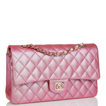 Chanel Medium Classic Double Flap Bag Rose Iridescent Leather Light Gold Hardware
