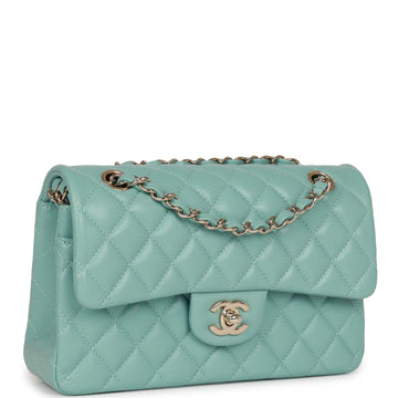 Top Quality Chanel Small Classic Double Flap Bag Tiffany Blue Leather Light Gold Hardware