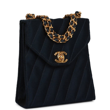 Vintage Top Quality Chanel Mini Flap Bag Dark Blue Satin Gold Hardware