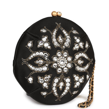 Vintage Top Quality Chanel Clutch Bag Black Satin Embellished Antique Gold Hardware