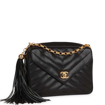 Vintage Top Quality Chanel Small Chevron Tassel Camera Bag Black Leather Gold Hardware