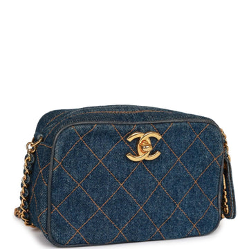 Vintage Top Quality Chanel Mini Camera Bag Blue Leather/denim Gold Hardware