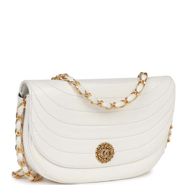Vintage Top Quality Chanel Half Moon Shoulder Bag White Leather Gold Hardware