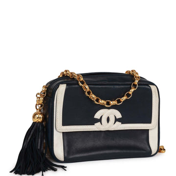 Vintage Top Quality Chanel Fringe Chain Camera Bag Navy and White Leather Gold Hardware