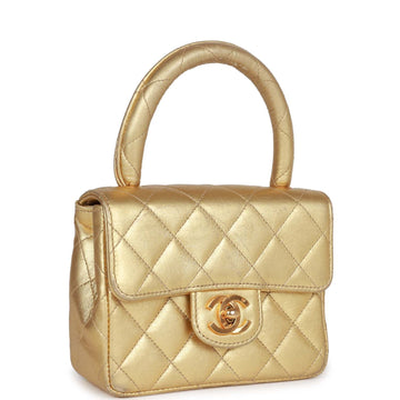 Vintage Top Quality Chanel Mini Kelly Child Flap Bag Gold Metallic Leather Gold Hardware