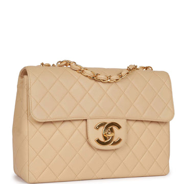 Vintage Top Quality Chanel XL Jumbo Flap Bag Beige Leather Gold Hardware