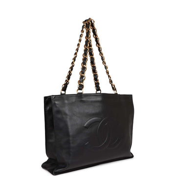 Vintage Top Quality Chanel CC Chain Shopping Tote Bag Black Leather Gold Hardware