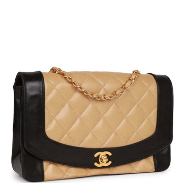 Vintage Top Quality Chanel Medium Diana Flap Bag Black and Beige Leather Gold Hardware