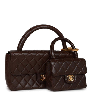 Vintage Top Quality Chanel Kelly Parent and Child Flap Bag Set Brown Leather Gold Hardware