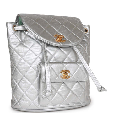 Vintage Top Quality Chanel Duma Backpack Silver Metallic Leather Gold Hardware