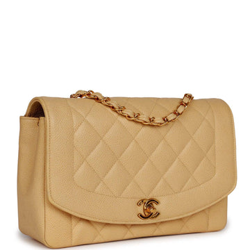 Vintage Top Quality Chanel Medium Diana Flap Bag Beige Leather Gold Hardware