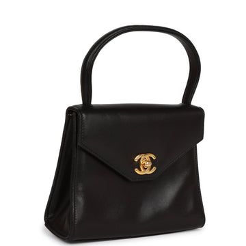 Vintage Top Quality Chanel Flap Bag with Top Handle Black Leather Gold Hardware
