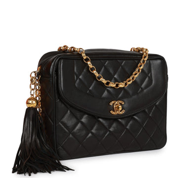 Vintage Top Quality Chanel Small Diana Fringe Camera Bag Black Leather Gold Hardware
