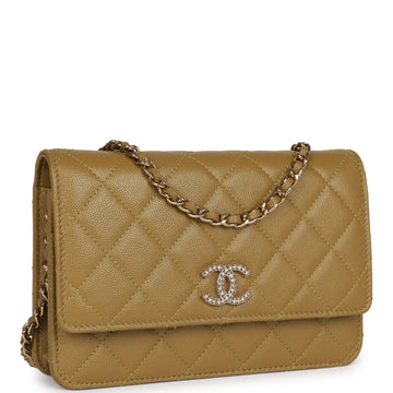 Top Quality Chanel Wallet on Chain WOC Olive Green Leather Light Gold Hardware