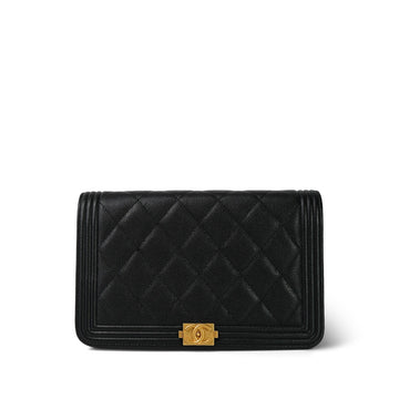 Black leather Quilted Boy Wallet on Chain (WOC) Aged Gold Hardware