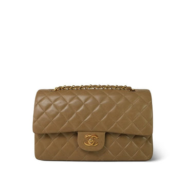 Dark Beige leather Quilted Classic Flap Medium Gold Hardware