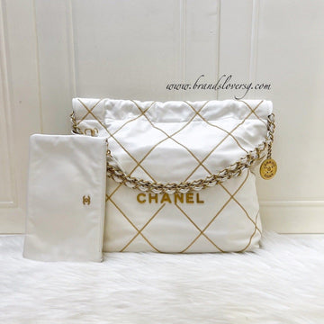 Chanel 22 Small Hobo Handbag in White Shiny Calfskin and AGHW (Model: AS3260)