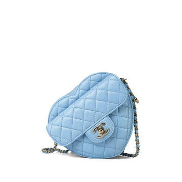 Light Blue leather Quilted Large Heart Bag Light Gold Hardware