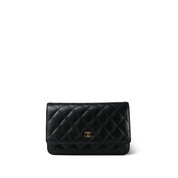 Black leather Quilted Wallet on Chain (WOC) Gold Hardware