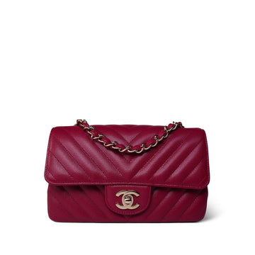 18B Raspberry leather Chevron Quilted Mini Rectangular Flap Light Gold Hardware