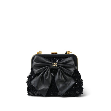 24A Black Sequin Tweed leather Bow Clutch With Chain Aged Gold Hardware