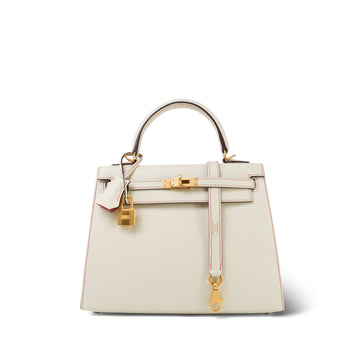 Kelly 25 Sellier Bi-Color Horseshoe (HSS) Craie/Rose Jaipur leather  A Stamp