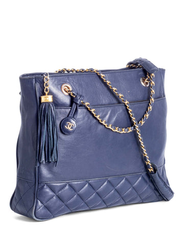 Top Quality Chanel CC Vintage Logo Quilted Leather Shopper Bag Navy Blue