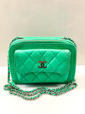 CHANEL DOUBLE ZIP SNAKESKIN EMBOSSED LEATHER SMALL CAMERA BAG