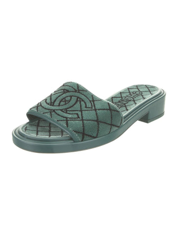 CHANEL CC EMROIDERED FABRIC & CALFSKIN SLIDE MULES