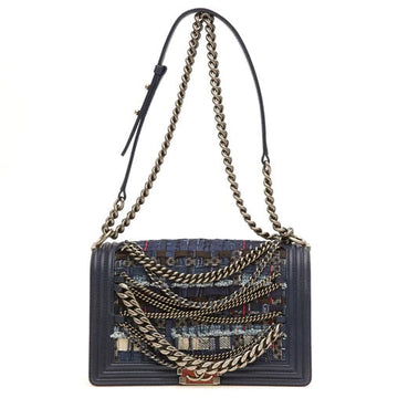CHANEL NAVY BOUCLE TWEED DECHAINED CHAIN BOY FLAP BAG