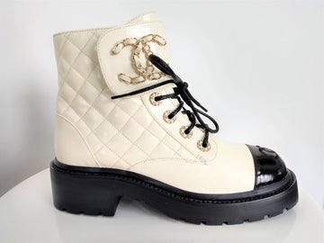 CHANEL SHINY GOATSKIN QUILTED CALFSKIN LACE UP COMBAT BOOTS