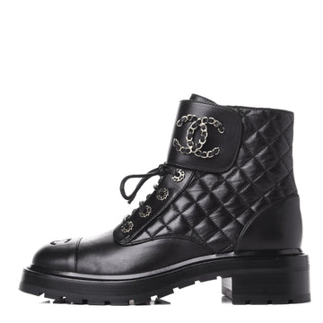 CHANEL SHINY QUILTED GOATSKIN CALFSKIN LACE-UP COMBAT BOOTS