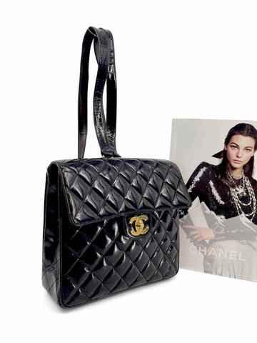 Top Quality Chanel Vintage 24k Gold CC Logo Patent Leather Backpack Black