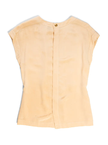 Top Quality Chanel Vintage CC Logo Pleated Slik Blouse Beige Gold