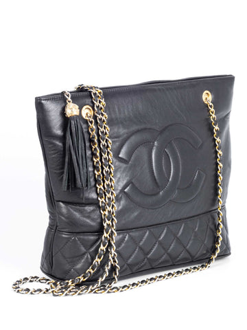 Top Quality Chanel Vintage CC Quilted Leather Tassel Shopper Bag Black
