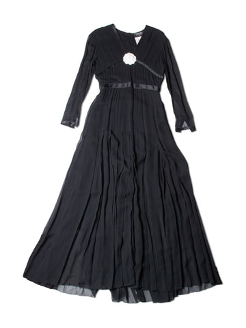 Top Quality Chanel Vintage Camellia Silk Maxi Pleated Dress Black