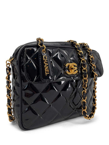 Top Quality Chanel Vintage  Patent Leather 24k Gold CC Logo Camera Bag Black