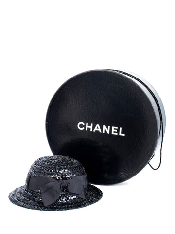 Top Quality Chanel Vintage Woven Raffia Fedora Hat Ribbon Hat Black