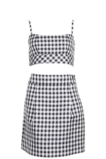 CHANEL Two Piece Silk Gingham Black White