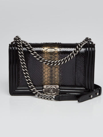 CHANEL PYTHON AND PATENT LEATHER MEDIUM BOY BAG