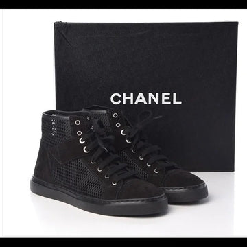 CHANEL SUEDE MESH HIGH-TOP LACE UP SNEAKERS