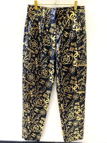 CHANEL CC ALLOVER LOGO LEATHER TROUSERS