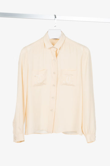 Chanel 70's-Vintage Cream Silk CC-Pocket Buttoned Blouse
