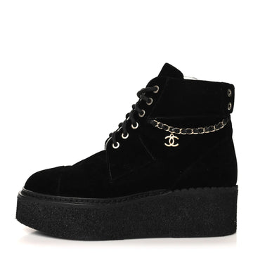CHANEL CC VELVET LACE-UP CHAIN COMBAT BOOTS