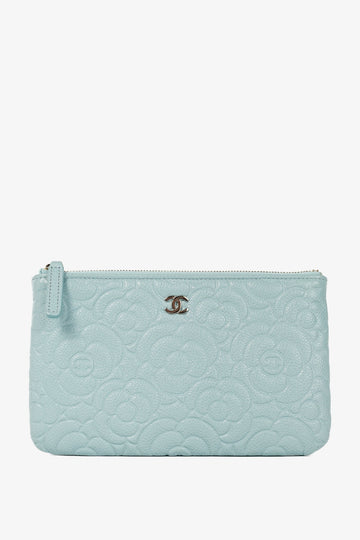 Chanel Light Blue Caviar Camellia-Embossed Small O-Case