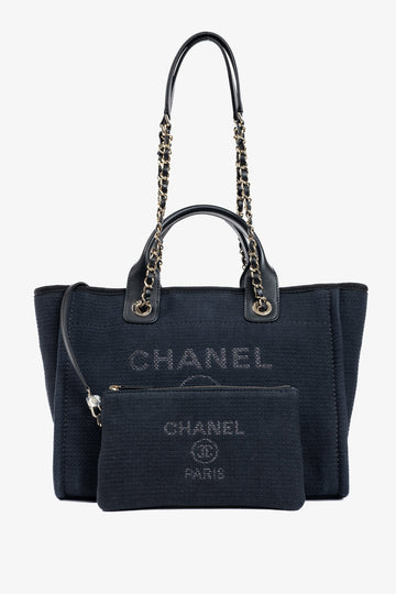 Chanel Small Deauville Black Canvas Logo Shopping Bag