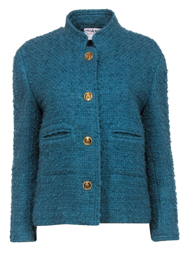 Top Quality Chanel - Vintage Teal Textured Tweed Jacket w/ Gold Perfume Buttons Sz 8